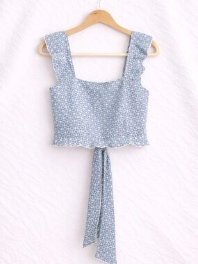 Blue Floral Open Back Tie Crop Top Ruffle Strap Summer